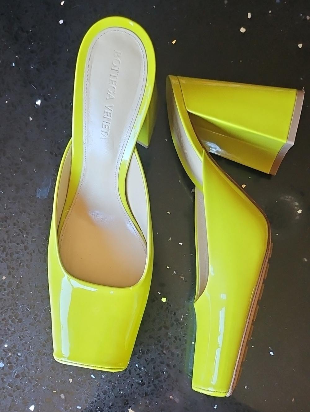 Bottega Veneta Neon Yellow Patent Leather Block Heel Mules